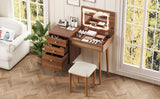 Retro Bohemian Walnut Wooden Makeup Vanity Set With LED Lights - Omega Lifestyles