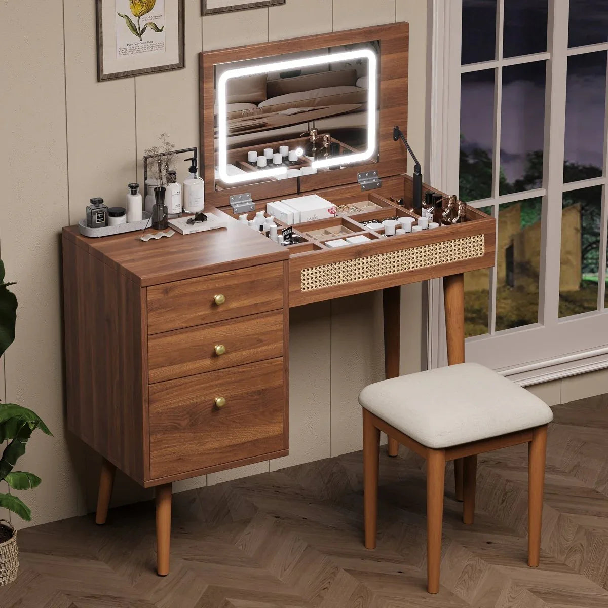 Retro Bohemian Walnut Wooden Makeup Vanity Set With LED Lights - Omega Lifestyles