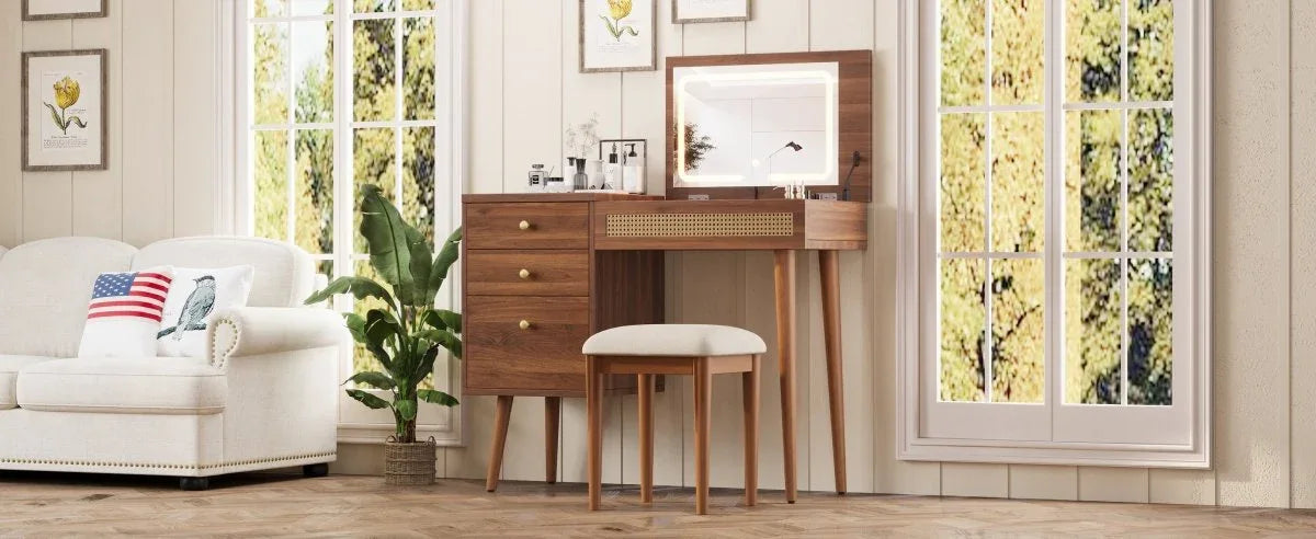 Retro Bohemian Walnut Wooden Makeup Vanity Set With LED Lights - Omega Lifestyles