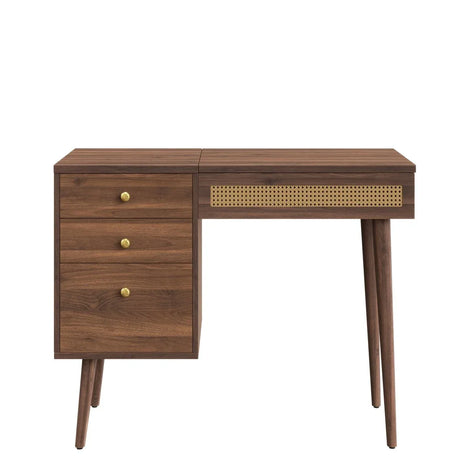 Retro Bohemian Walnut Wooden Makeup Vanity Set With LED Lights - Omega Lifestyles