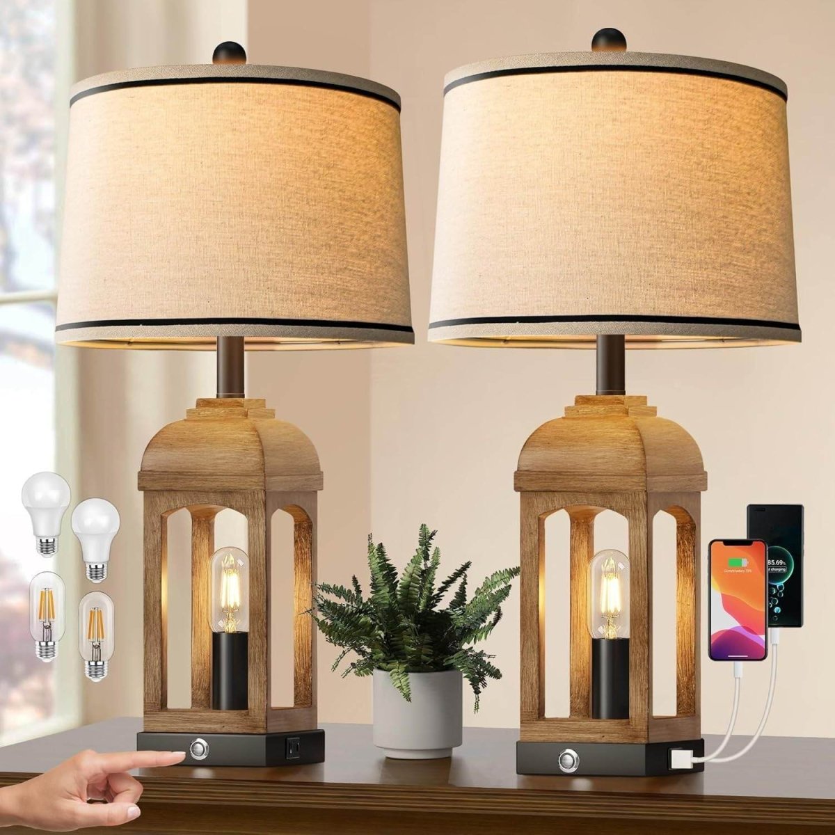 Set Of 2 Rustic Farmhouse Table Lamps With Nightlight - Omega Lifestyles