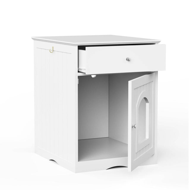 Solid Wood White Cat Litter Box Enclosure With Drawer - Omega Lifestyles