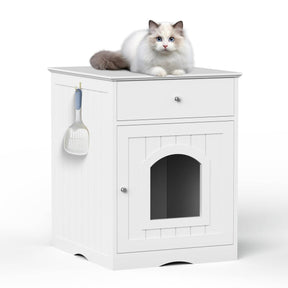 Solid Wood White Cat Litter Box Enclosure With Drawer - Omega Lifestyles