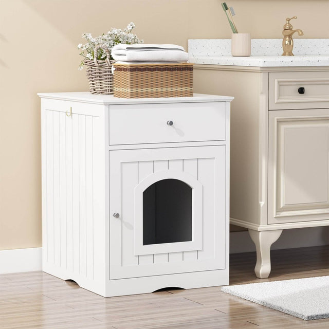 Solid Wood White Cat Litter Box Enclosure With Drawer - Omega Lifestyles