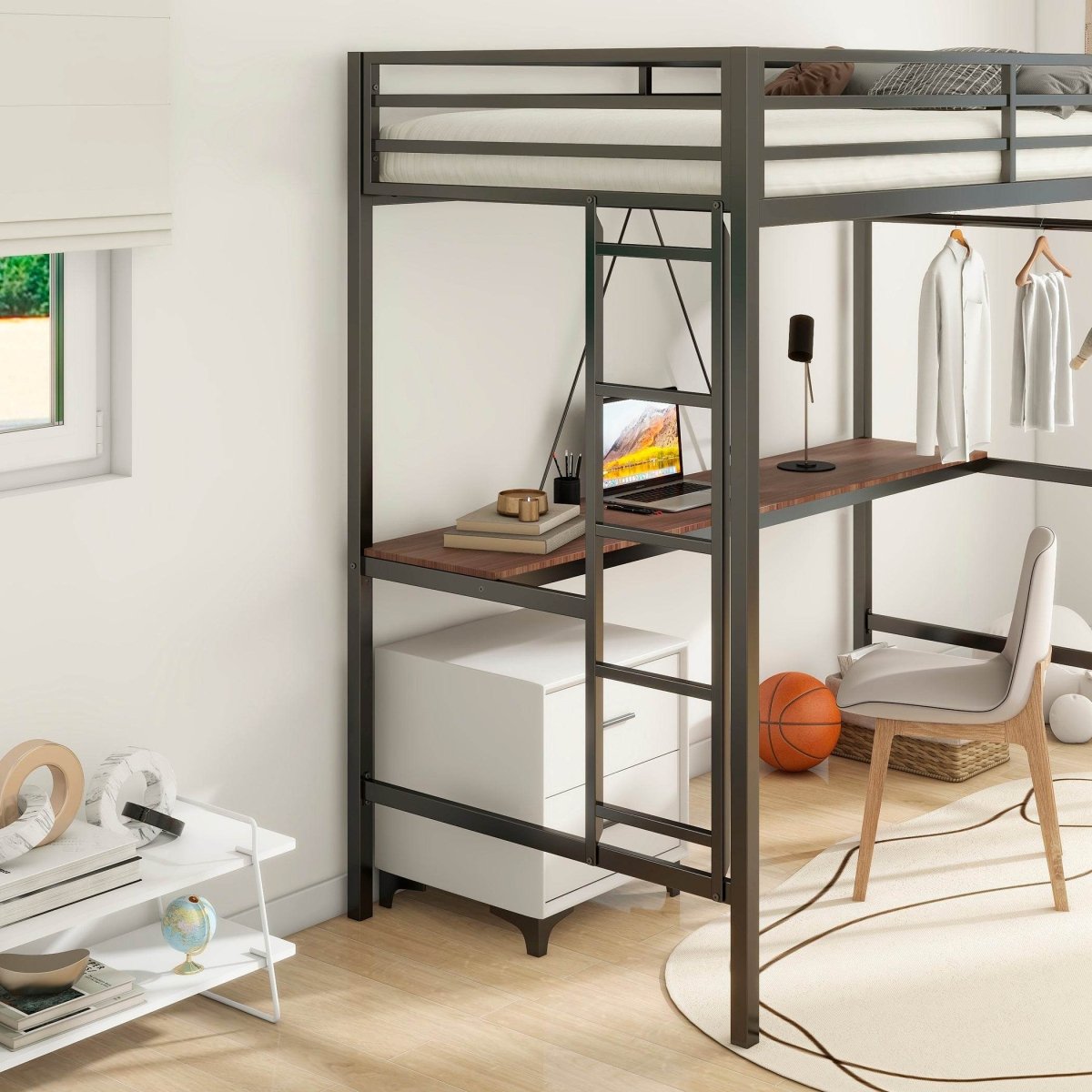 Twin Metal Loft Bunk Bed With Desk Ladder And Guardrails - Veluna - Omega Lifestyles