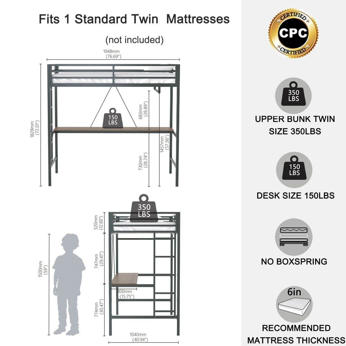 Twin Metal Loft Bunk Bed With Desk Ladder And Guardrails - Veluna - Omega Lifestyles