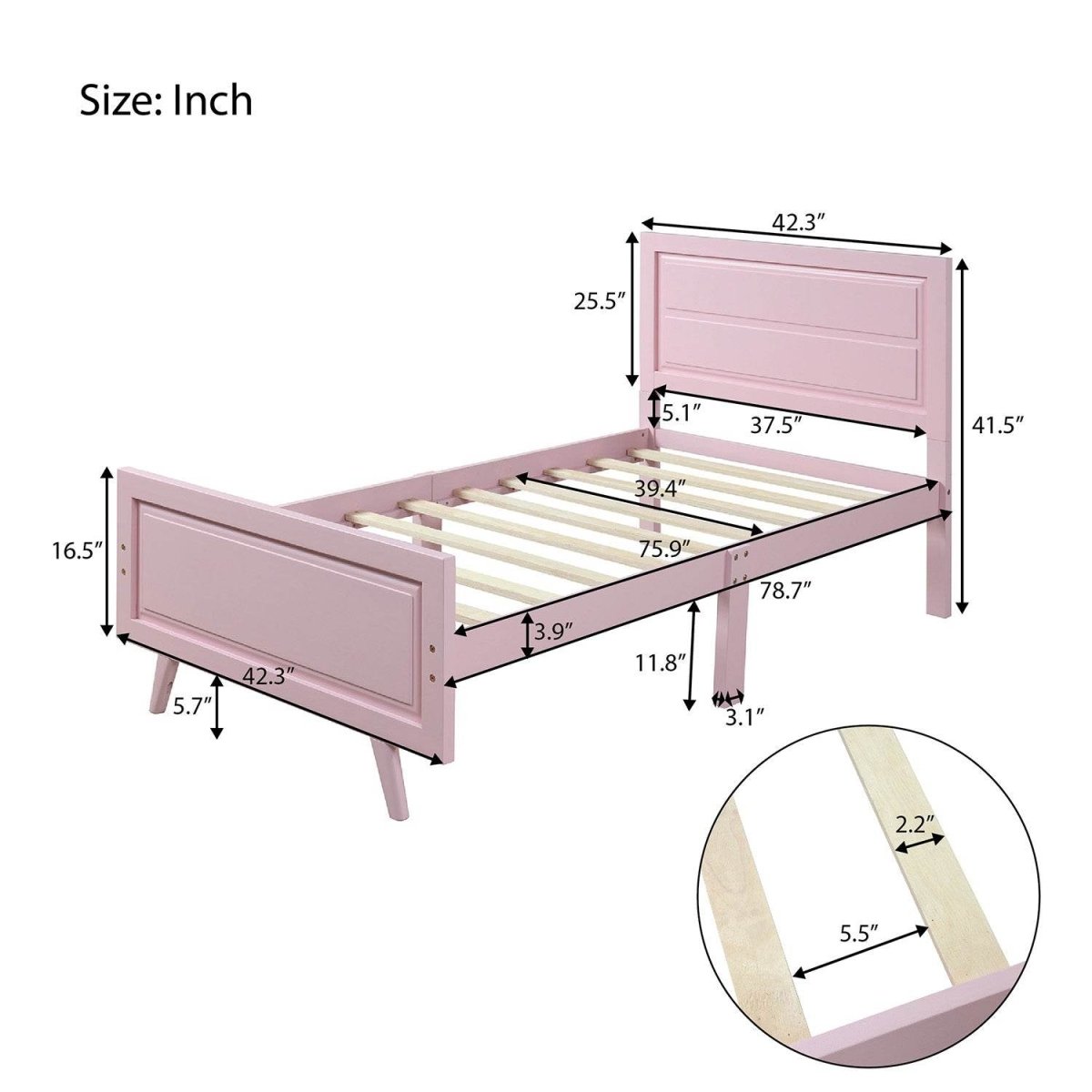 Twin Pink Solid Wood Platform Bed With Headboard - Veluna - Omega Lifestyles