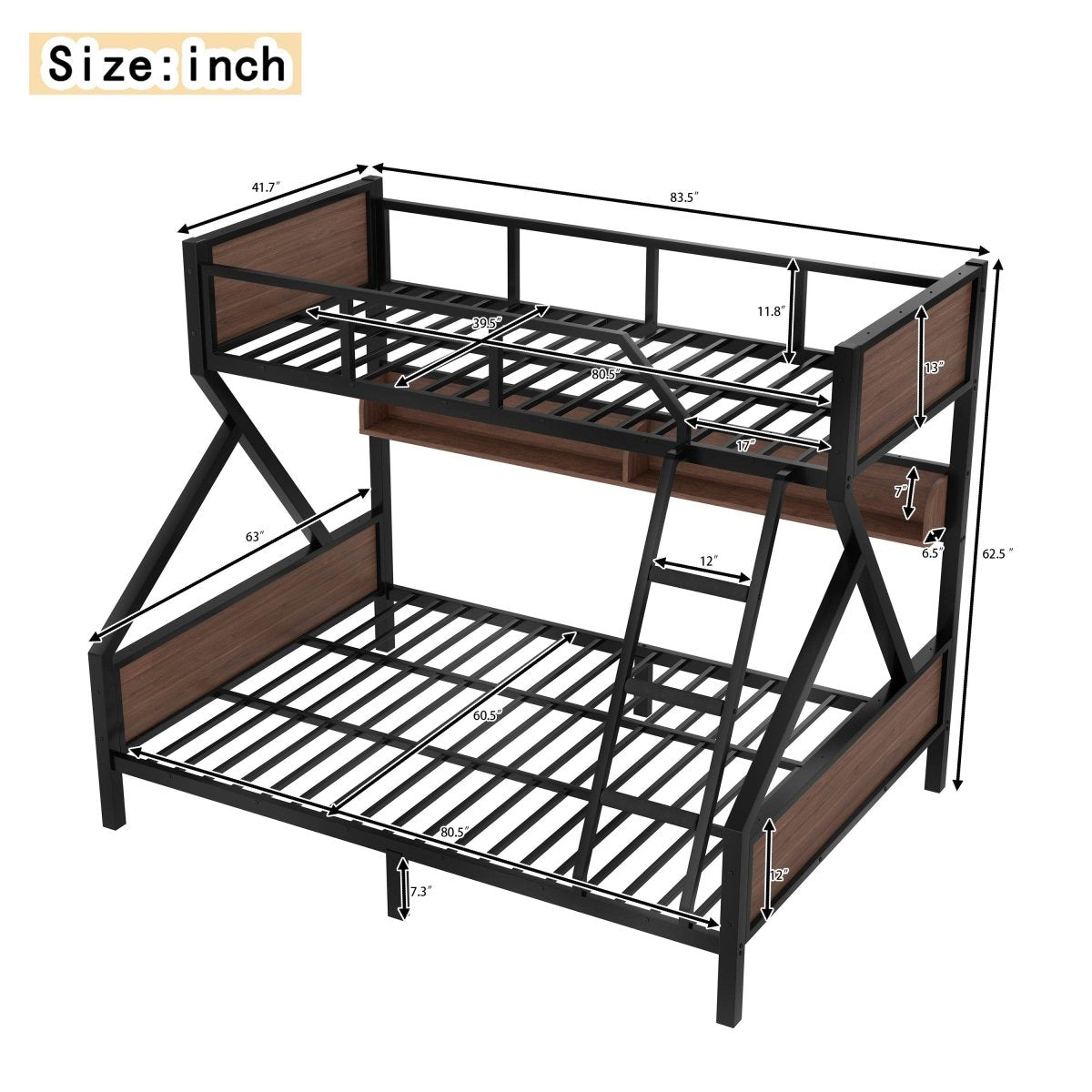 Twin XL Over Queen Metal Bunk Bed With Storage Shelves - Veluna - Omega Lifestyles