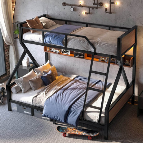 Twin XL Over Queen Metal Bunk Bed With Storage Shelves - Veluna - Omega Lifestyles