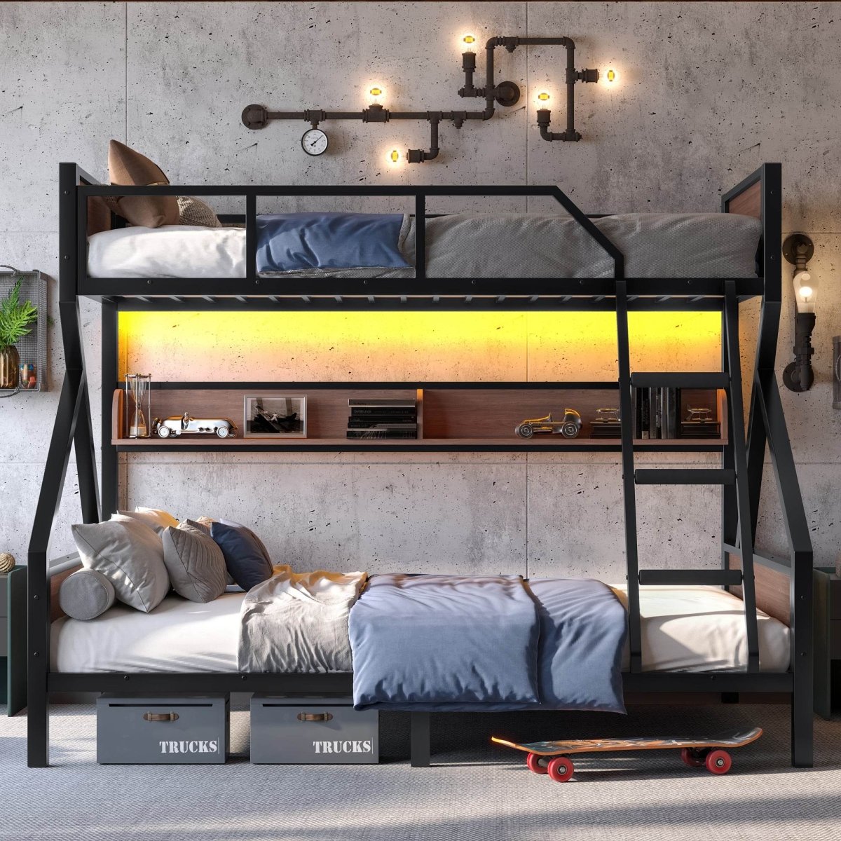 Twin XL Over Queen Metal Bunk Bed With Storage Shelves - Veluna - Omega Lifestyles