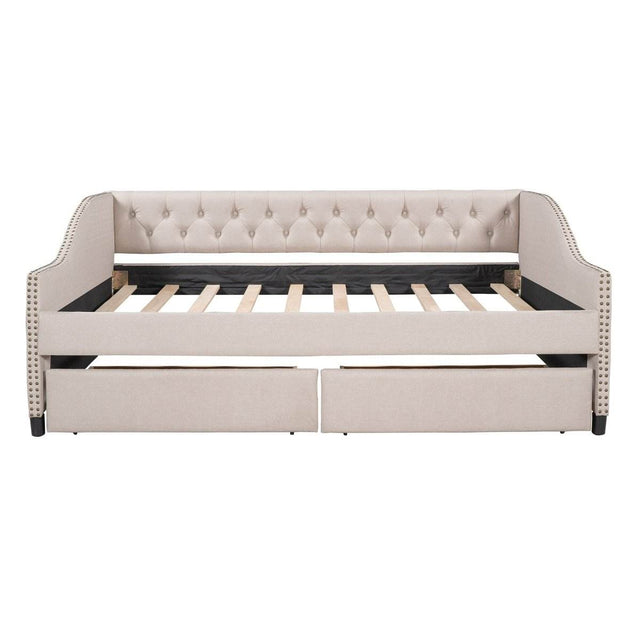 Upholstered Beige Daybed With Two Storage Drawers - Omega Lifestyles