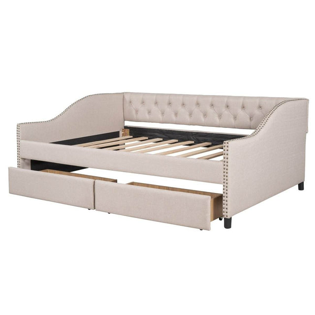 Upholstered Beige Daybed With Two Storage Drawers - Omega Lifestyles