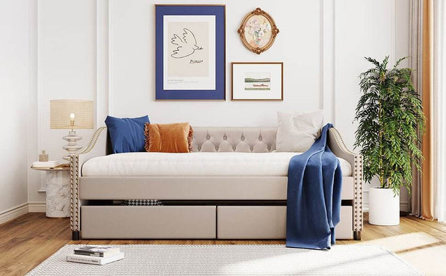 Upholstered Beige Daybed With Two Storage Drawers - Omega Lifestyles