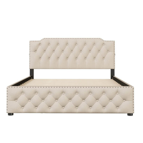 Upholstered Linen Platform Bed With Twin Trundle And USB Ports - Sleep Galleria