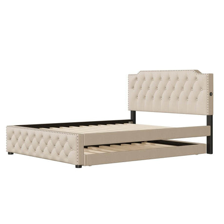 Upholstered Linen Platform Bed With Twin Trundle And USB Ports - Sleep Galleria