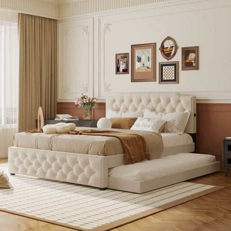 Upholstered Linen Platform Bed With Twin Trundle And USB Ports - Sleep Galleria