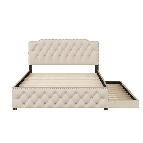 Upholstered Linen Platform Bed With Twin Trundle And USB Ports - Sleep Galleria