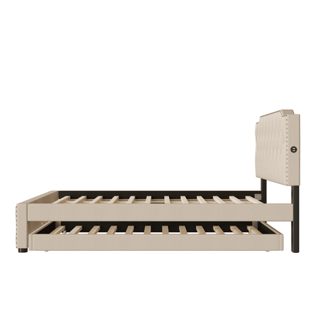 Upholstered Linen Platform Bed With Twin Trundle And USB Ports - Sleep Galleria