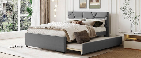 Upholstered Platform Bed With Brick Pattern Headboard And Trundle - Omega Lifestyles