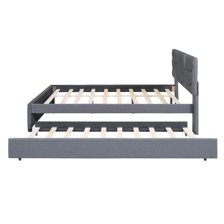 Upholstered Platform Bed With Brick Pattern Headboard And Trundle - Omega Lifestyles