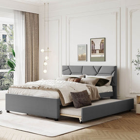 Upholstered Platform Bed With Brick Pattern Headboard And Trundle - Omega Lifestyles