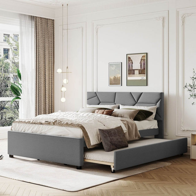 Upholstered Platform Bed With Brick Pattern Headboard And Trundle - Omega Lifestyles