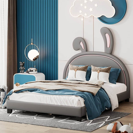 Upholstered PU Leather Platform Bed With Rabbit Ornament - Sleep Galleria