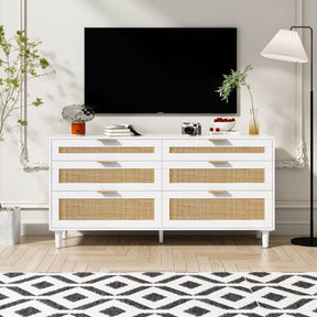 White Modern Rattan 6-Drawer Bedroom Dresser - Omega Lifestyles