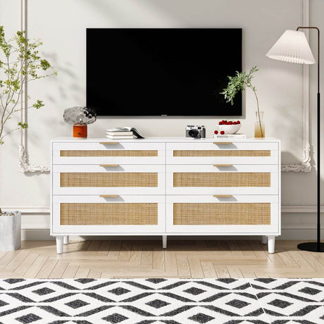 White Modern Rattan 6-Drawer Bedroom Dresser - Sleep Galleria