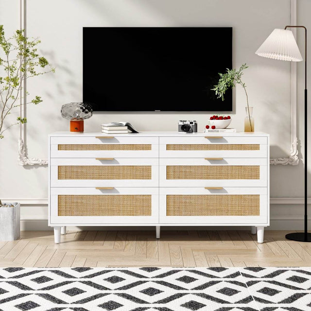 White Modern Rattan 6-Drawer Bedroom Dresser - Sleep Galleria