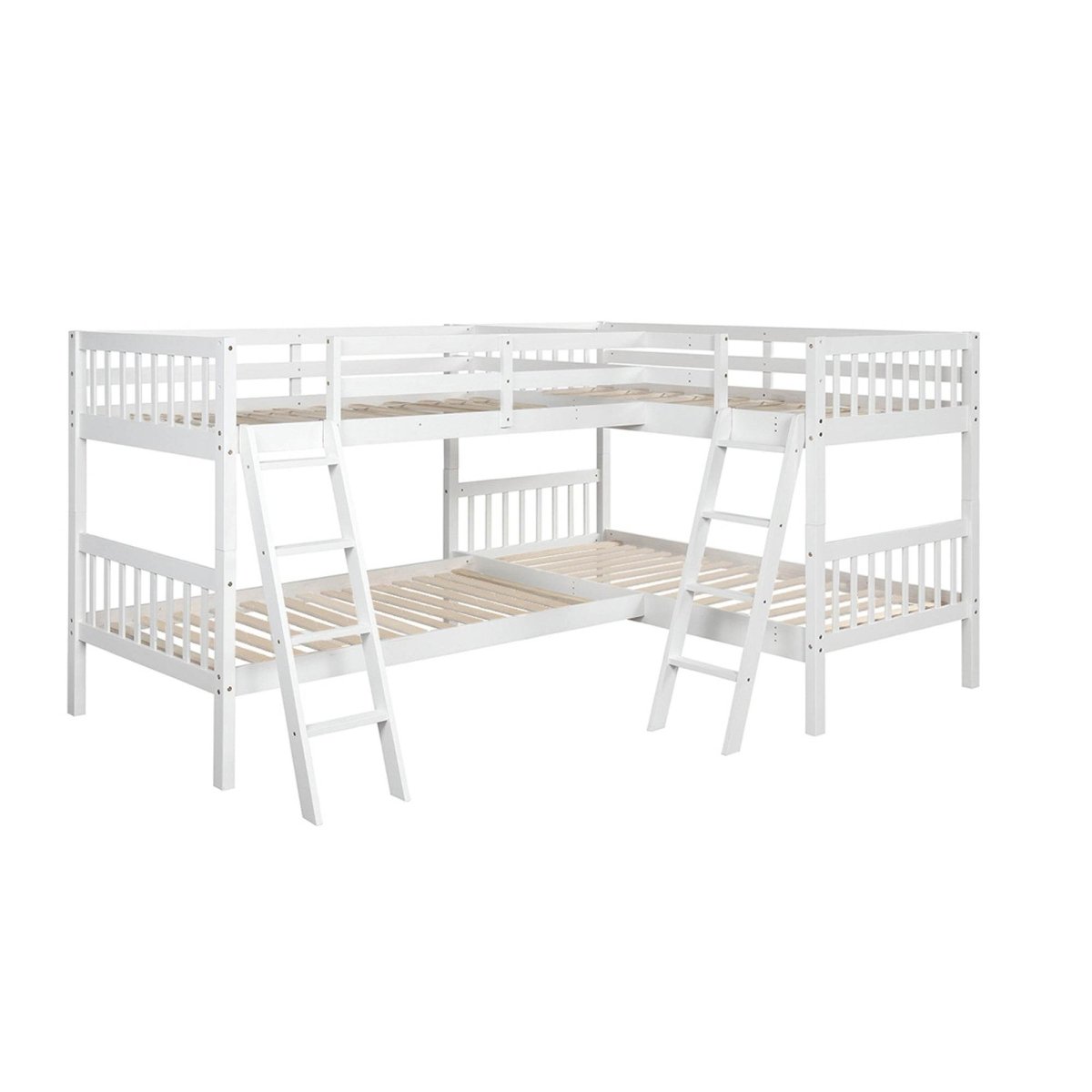 White Solid Wood Twin - Over - Twin L - Shaped Bunk Bed - Veluna - Omega Lifestyles
