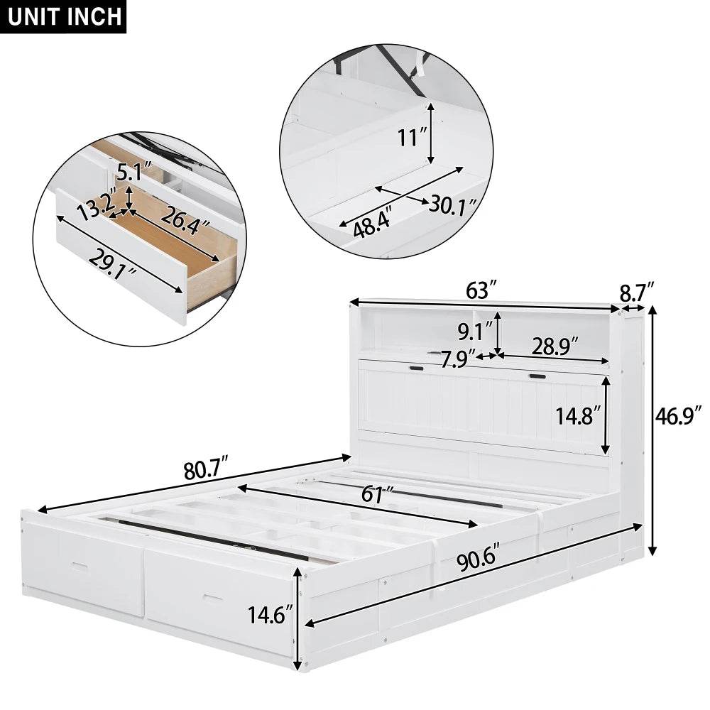 White Wood Hydraulic Platform Bed With Storage Drawers - Omega Lifestyles