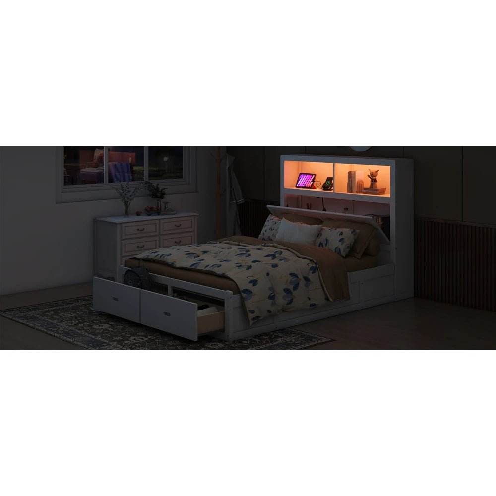 White Wood Hydraulic Platform Bed With Storage Drawers - Omega Lifestyles