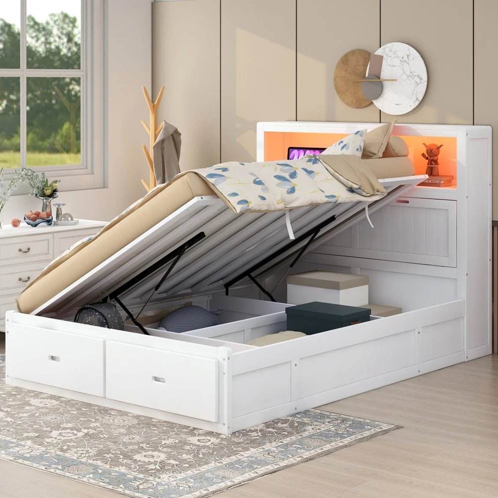 White Wood Hydraulic Platform Bed With Storage Drawers - Omega Lifestyles