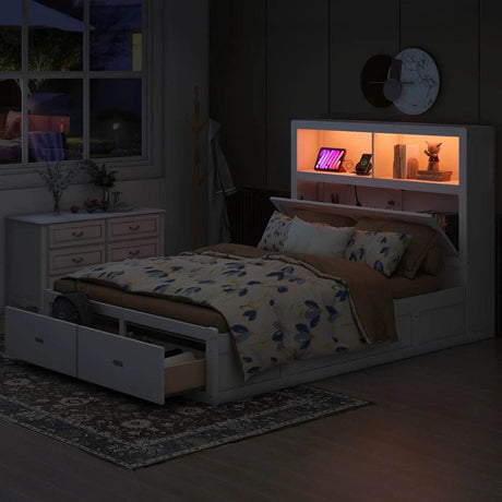 White Wood Hydraulic Platform Bed With Storage Drawers - Omega Lifestyles