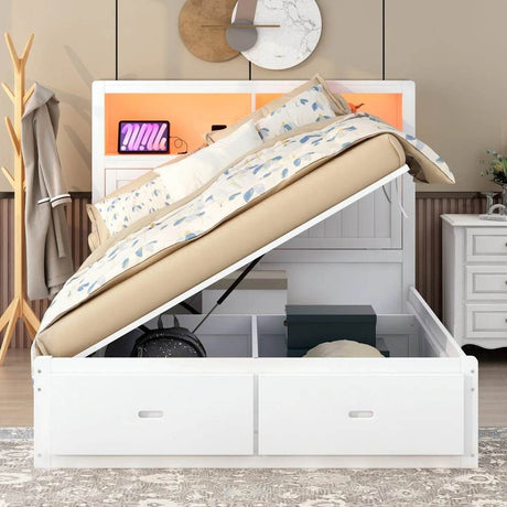 White Wood Hydraulic Platform Bed With Storage Drawers - Omega Lifestyles