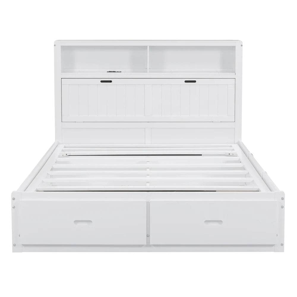 White Wood Hydraulic Platform Bed With Storage Drawers - Omega Lifestyles