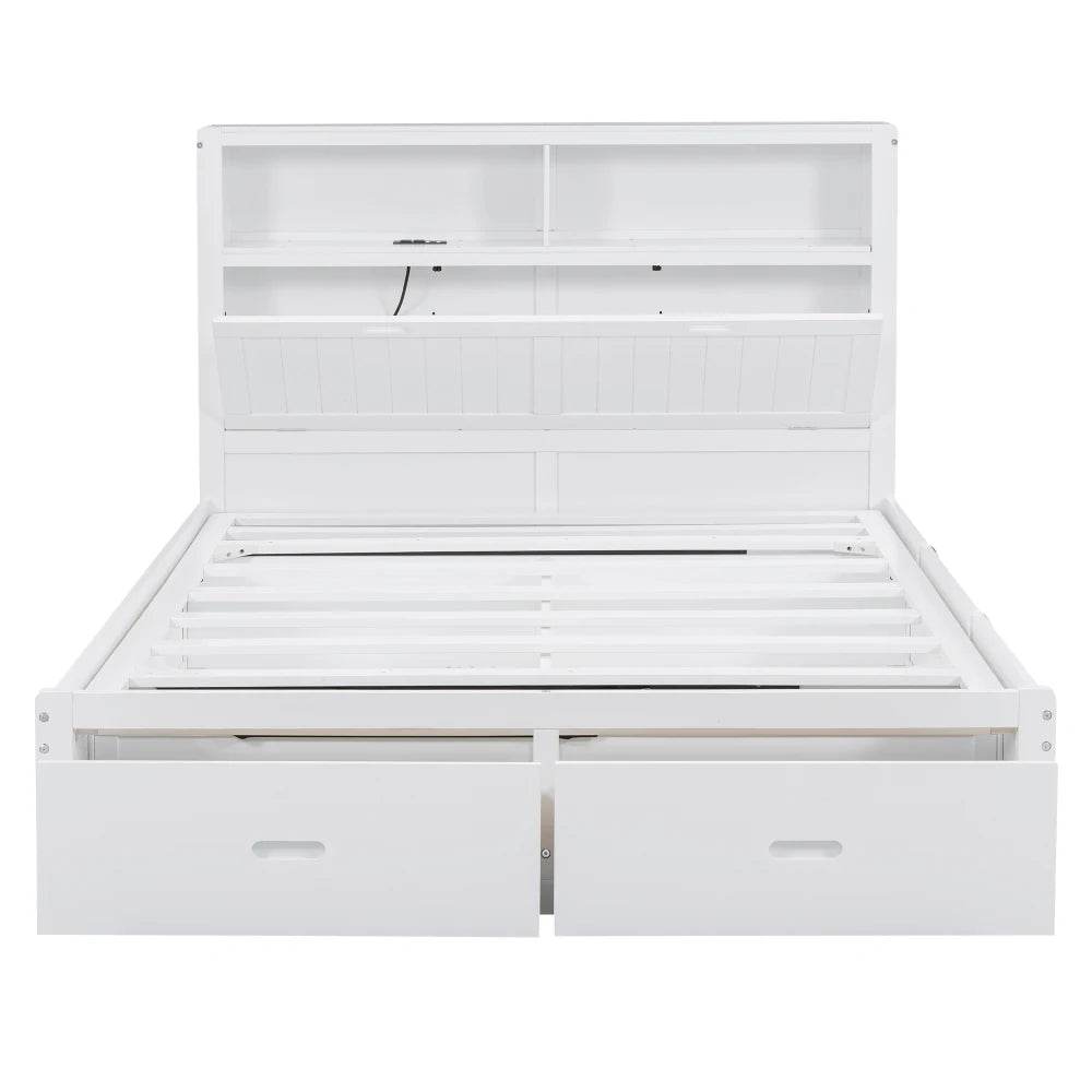 White Wood Hydraulic Platform Bed With Storage Drawers - Omega Lifestyles