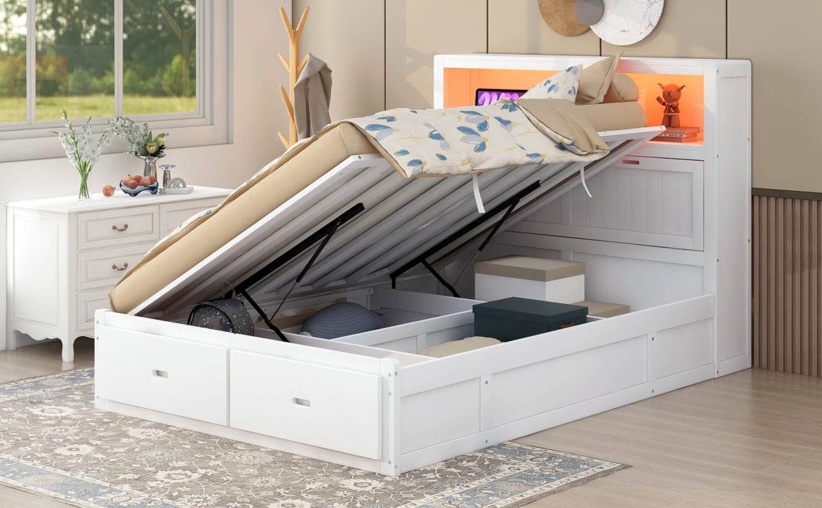 White Wood Hydraulic Platform Bed With Storage Drawers - Omega Lifestyles
