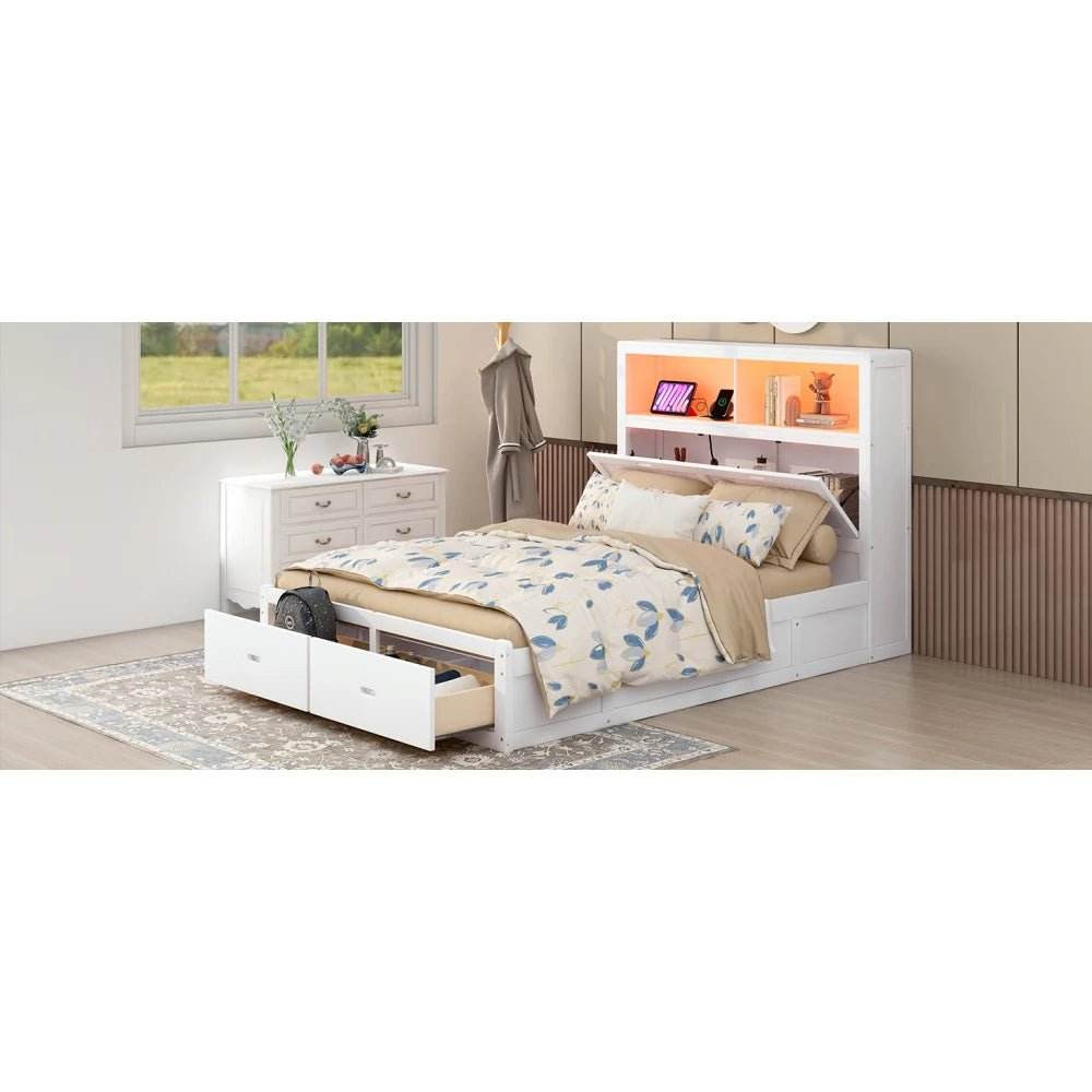 White Wood Hydraulic Platform Bed With Storage Drawers - Omega Lifestyles
