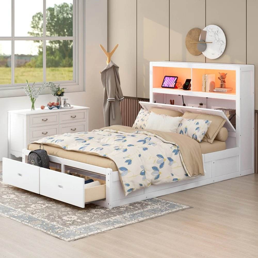 White Wood Hydraulic Platform Bed With Storage Drawers - Omega Lifestyles
