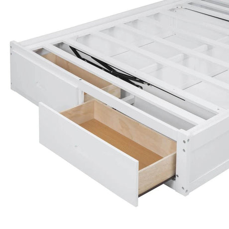 White Wood Hydraulic Platform Bed With Storage Drawers - Omega Lifestyles