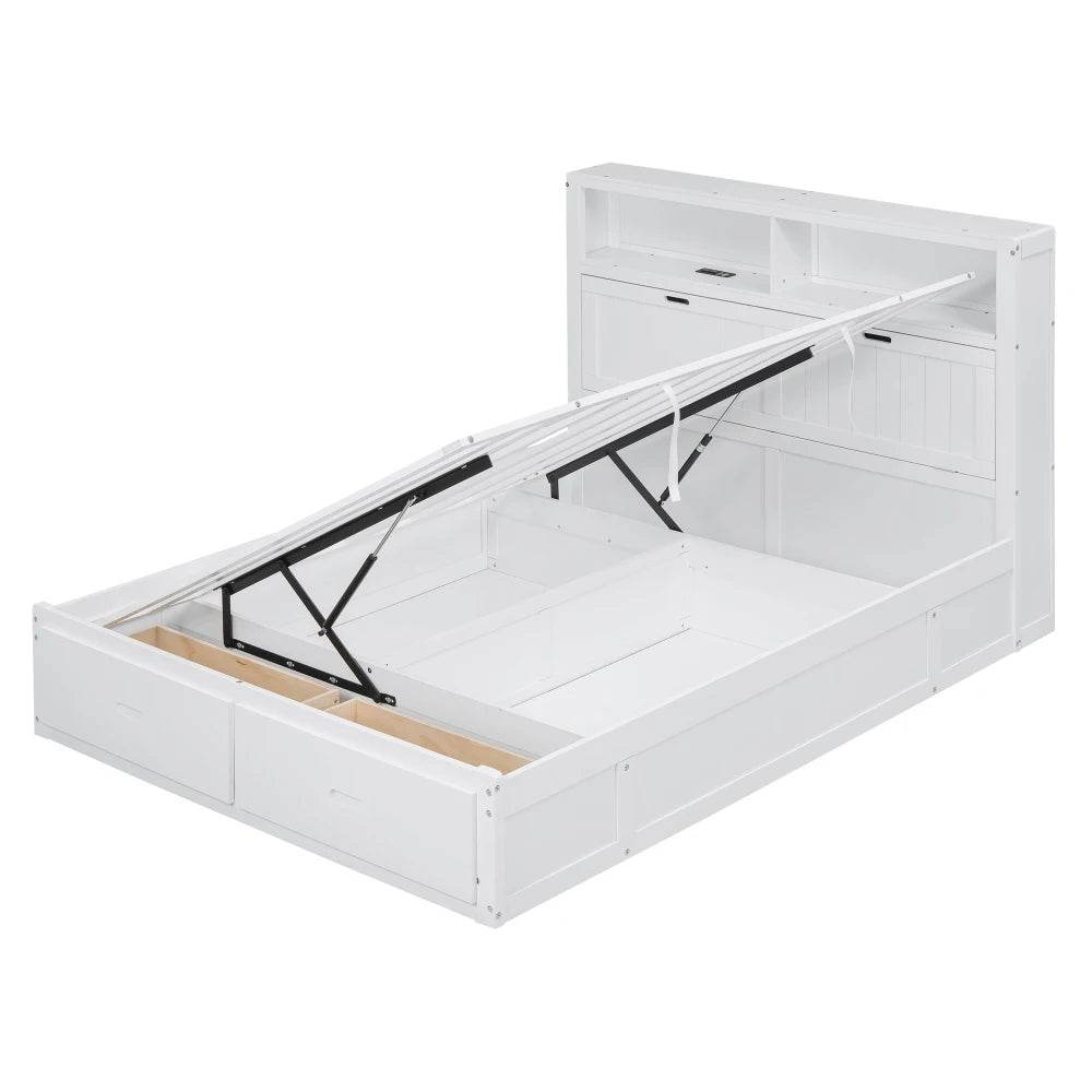 White Wood Hydraulic Platform Bed With Storage Drawers - Omega Lifestyles