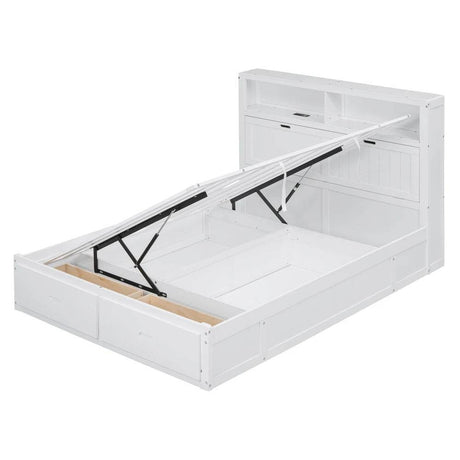 White Wood Hydraulic Platform Bed With Storage Drawers - Omega Lifestyles