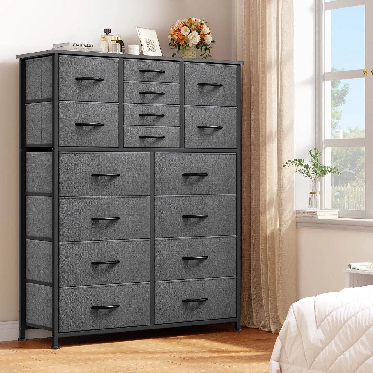 16-Drawer Tall Black Gray Fabric Dresser - Omega Lifestyles