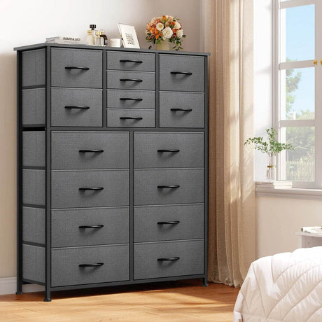16-Drawer Tall Black Gray Fabric Dresser - Omega Lifestyles