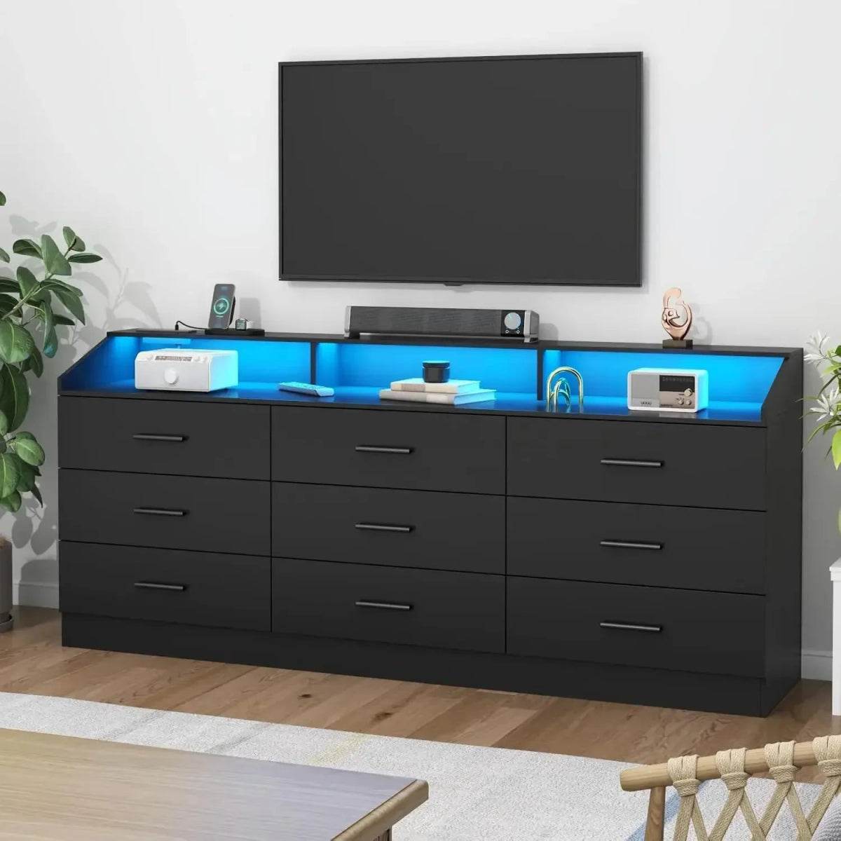 9-Drawer Modern Dresser With Power Outlet And LED Light - Omega Lifestyles