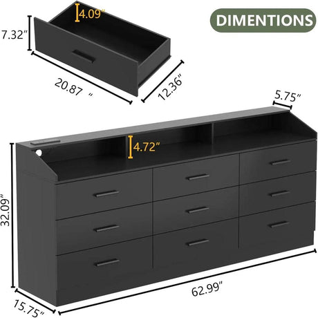 9-Drawer Modern Dresser With Power Outlet And LED Light - Omega Lifestyles