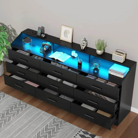 9-Drawer Modern Dresser With Power Outlet And LED Light - Omega Lifestyles