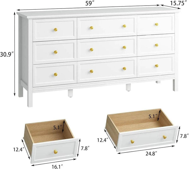 9 Drawer White Modern Lacquered Engineered Wood Dresser - Omega Lifestyles